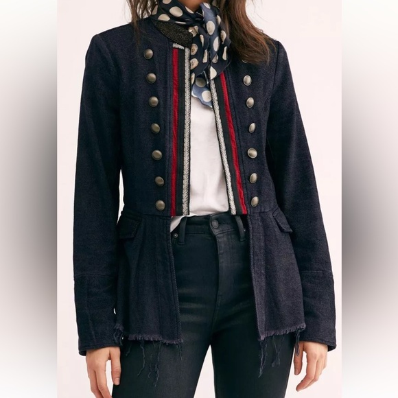 Free People Military Style Raw Edge Jacket size Medium Color Navy - Picture 11 of 11